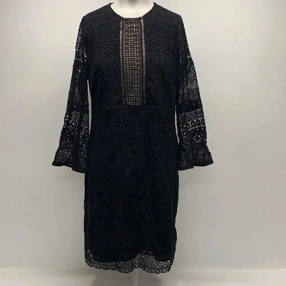 Shoshanna Gabby Dress Mini Mosaic Lace Semi Sheer See Thru Black Nude Size 8 - Picture 2 of 12